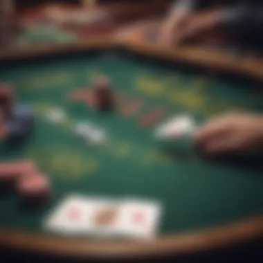 A close-up of a Blackjack table with cards and chips