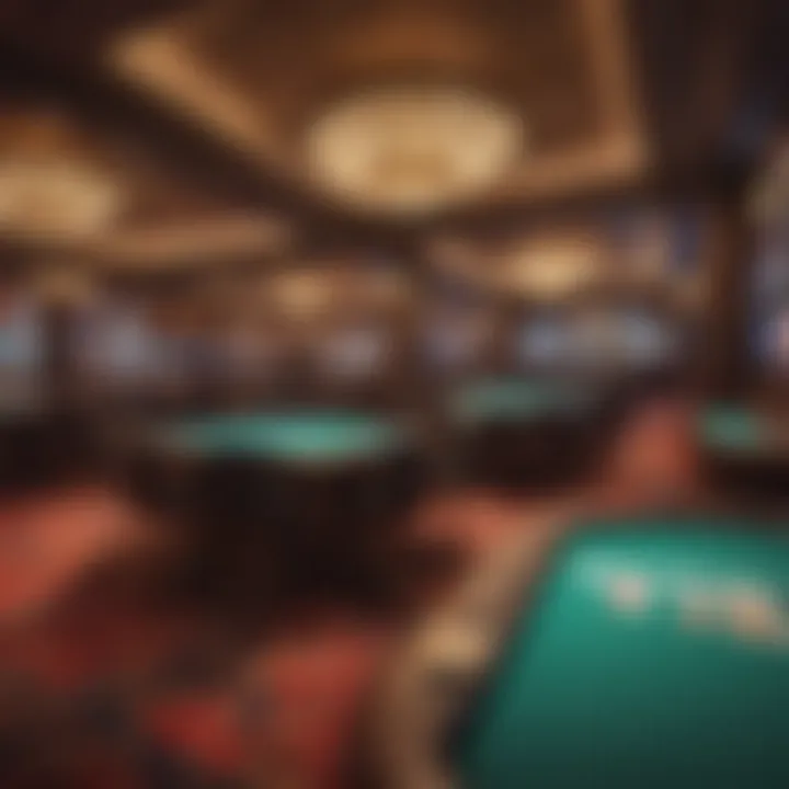 Interior shot of a luxurious casino floor with vibrant gaming tables