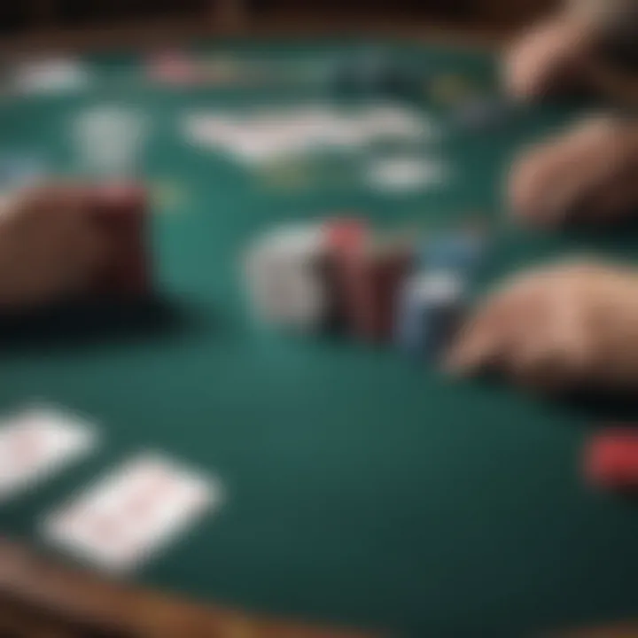 Detailed layout of a Three Card Poker table with cards and chips.